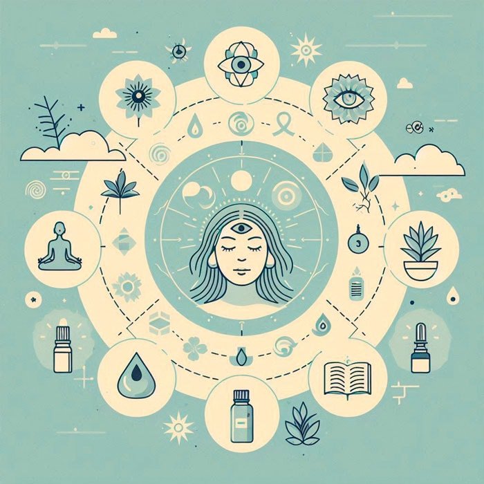 Concepto de bienestar ilustrado que presenta una figura central meditando con símbolos de ojos, plantas y varios elementos como un libro, botellas de aceite esencial, hojas y posturas de yoga dispuestas en un patrón circular sobre un fondo verde azulado.
