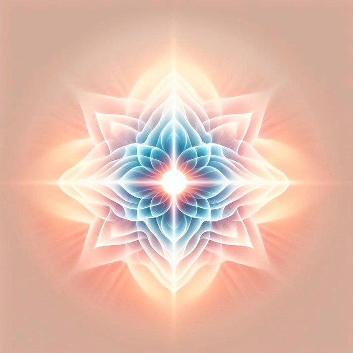 Un estampado floral abstracto y simétrico con un núcleo radiante y luminoso. El diseño presenta suaves degradados de rosa, azul y blanco sobre un fondo pálido, lo que crea una sensación de profundidad y luz brillante.