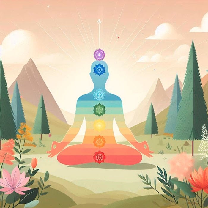 Ilustración de una persona meditando en un paisaje tranquilo, con montañas y árboles de fondo. La silueta muestra los siete símbolos de los chakras alineados desde la cabeza hasta la base, cada uno de un color diferente. La escena es pacífica y serena.