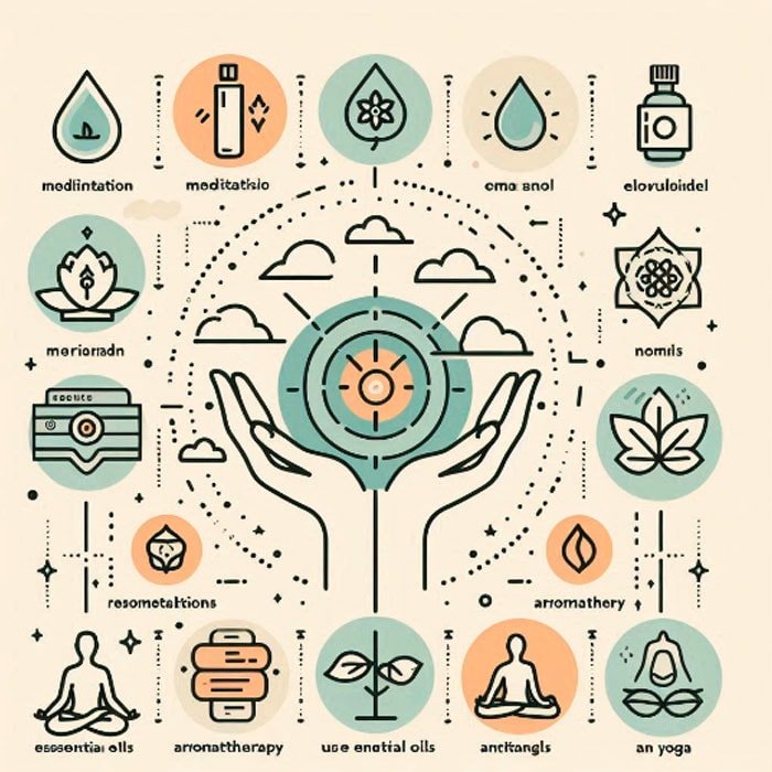 Ilustración de manos que sostienen una planta, rodeadas de iconos relacionados con la meditación, los aceites esenciales y el chakra sacro. El diseño incluye símbolos como un loto, incienso y figuras de meditación sentada dispuestas en un patrón geométrico que evoca la creatividad y el placer.
