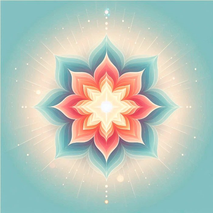 Un diseño simétrico similar a un mandala con pétalos en capas en tonos de azul, rosa y naranja irradia desde un centro brillante sobre un fondo turquesa. Los rayos de luz se extienden hacia afuera, creando un efecto suave y etéreo que recuerda a la creatividad energizante del chakra sacro.