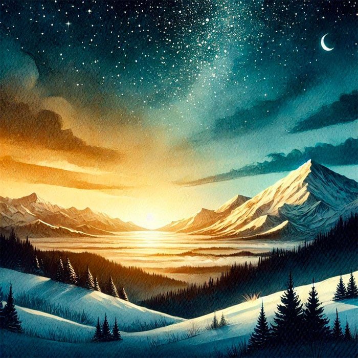 A serene mountain landscape at sunrise evokes a sense of holistic well-being. Snow-covered peaks and trees are lit up with the golden glow of the rising sun. The sky, transitioning from a starry night to dawn, features a crescent moon amid a gradient from teal to orange.