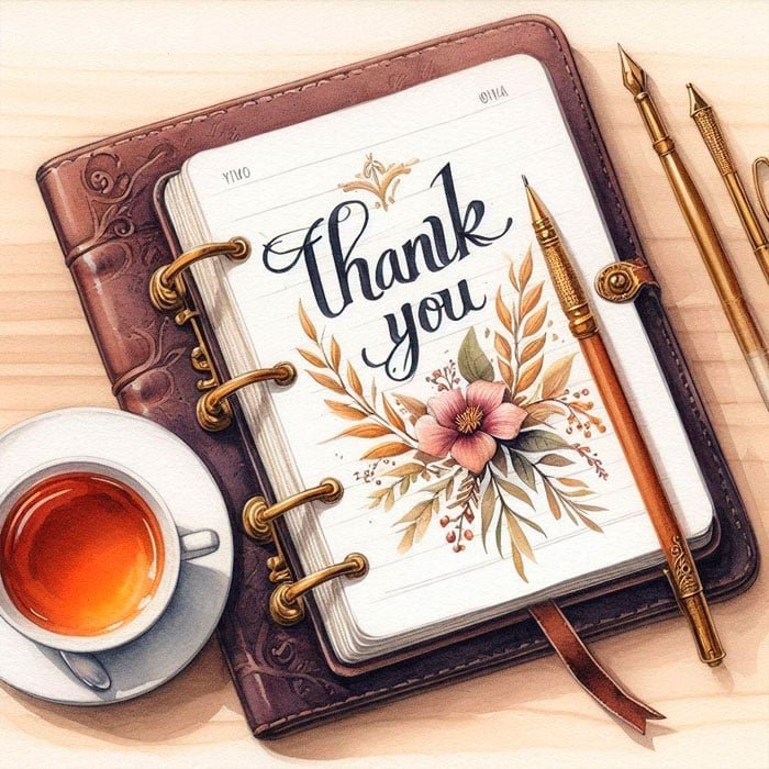 Un diario de cuero marrón abierto en una página con la palabra "Gracias" escrita con una letra elegante, adornada con ilustraciones florales. Junto al diario hay una pluma estilográfica y una taza de té sobre una mesa de madera, invitando a un momento de renacimiento espiritual en medio de la calidez del entorno.