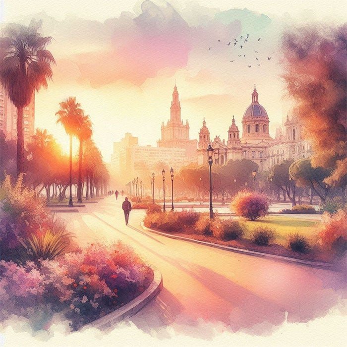 A watercolor of a vibrant cityscape at sunset captures the essence of Rebirth. The scene features palm trees along a path, a lone figure walking, and ornate buildings with domes and spires in the background under a colorful sky. Birds fly overhead.