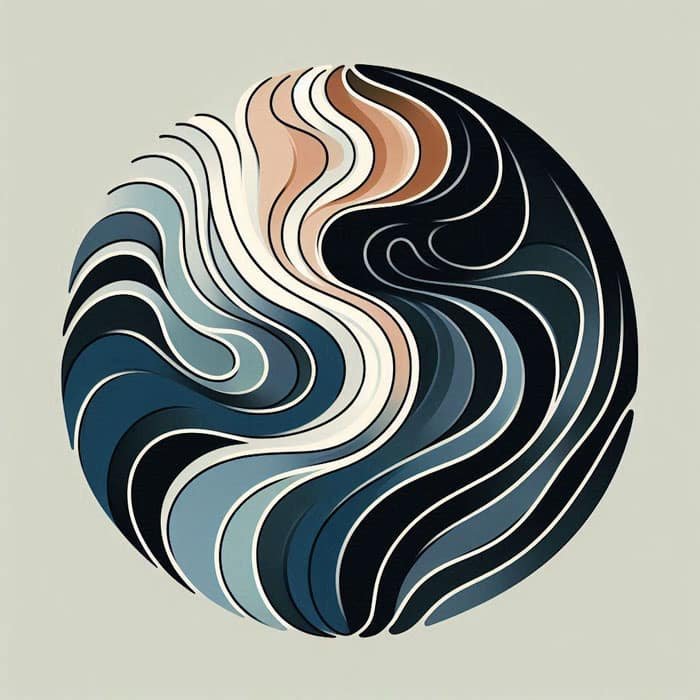 Un diseño abstracto circular, titulado "Renacer", presenta patrones en espiral en tonos de azul, negro, blanco y beige sobre un fondo gris claro. Las líneas fluidas crean una sensación de movimiento y profundidad dentro del círculo, lo que simboliza el crecimiento a través de la adversidad.