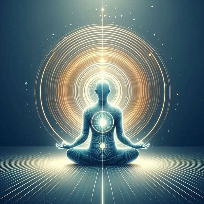 Ilustración estilizada de una persona meditando en posición de loto, que simboliza Sanando el Alma. La figura está rodeada de círculos concéntricos brillantes y líneas radiantes, que representan el flujo de energía y el equilibrio. El fondo presenta un degradado relajante de azules y dorados.