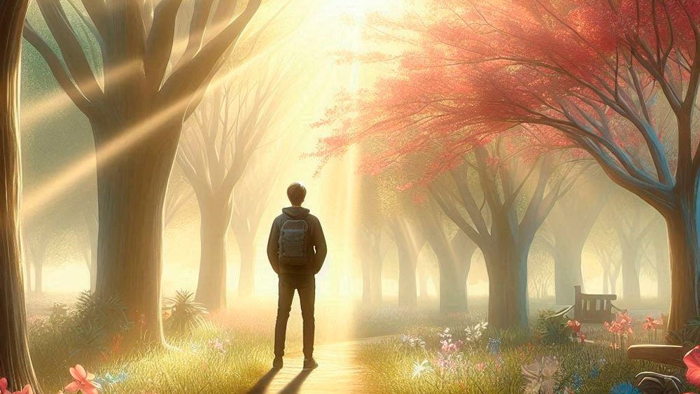 A person with a backpack stands on a sunlit trail in an autumn forest. Tall trees with deep red leaves line the path and sunlight filters through the branches. Flowers and a bench are visible in the serene and misty background.