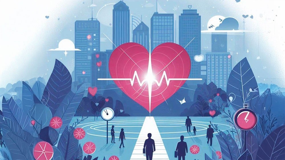 Illustration of a cityscape with a large heart and EKG line in the center. Silhouetted people walk along paths surrounded by plants and heart motifs. Buildings stand in the background, with digital elements symbolizing health monitoring.