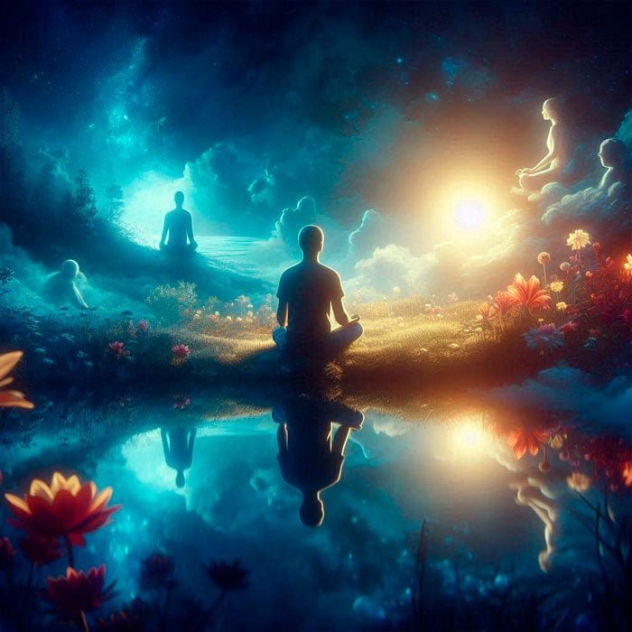 A serene and dreamlike scene with figures meditating in a mystical landscape. Blue and gold tones predominate, reflected in a tranquil lake surrounded by colorful flowers. A radiant sun and ethereal clouds create a tranquil atmosphere that encapsulates the essence of personal connection.