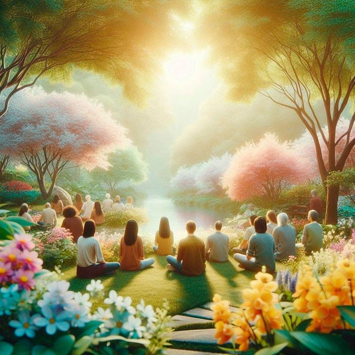 Un grupo de personas se sienta tranquilamente sobre el césped junto a un río sereno, rodeado de flores florecientes y árboles vibrantes bajo un cielo radiante. La escena del Grupo de la Soledad transmite tranquilidad y una profunda conexión con la naturaleza.