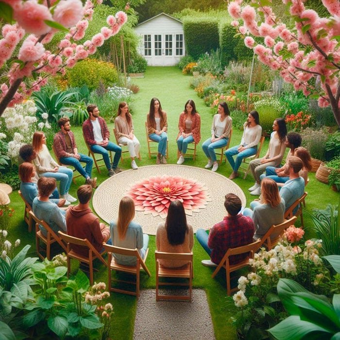 Un grupo de personas se sienta en círculo en sillas de madera alrededor de un tapete de mandala con un gran diseño floral, conectando en un exuberante jardín. El vibrante entorno está repleto de flores florecientes y plantas frondosas, mientras que el cenador blanco al fondo invita a momentos de tranquilidad.