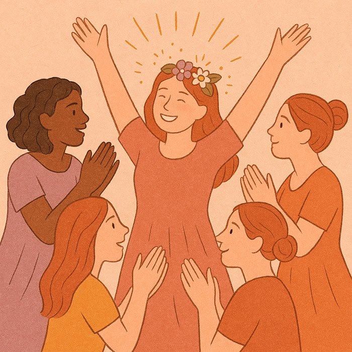 Cinco mujeres sonríen y celebran juntas, rodeando a una mujer alegre con una corona de flores y los brazos alzados. La escena irradia celebración femenina, resaltando su feliz y solidaria conexión femenina en un ambiente cálido y acogedor.