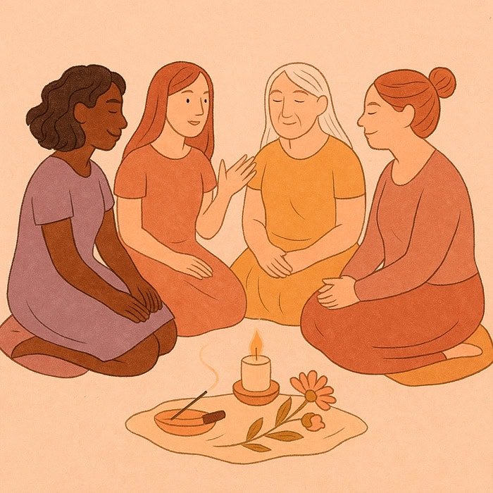 Cuatro mujeres se sientan en círculo en el suelo, sonriendo y conversando. Frente a ellas hay una vela encendida, incienso, flores y hojas dispuestas sobre un mantel, creando una atmósfera de celebración femenina cálida y serena.