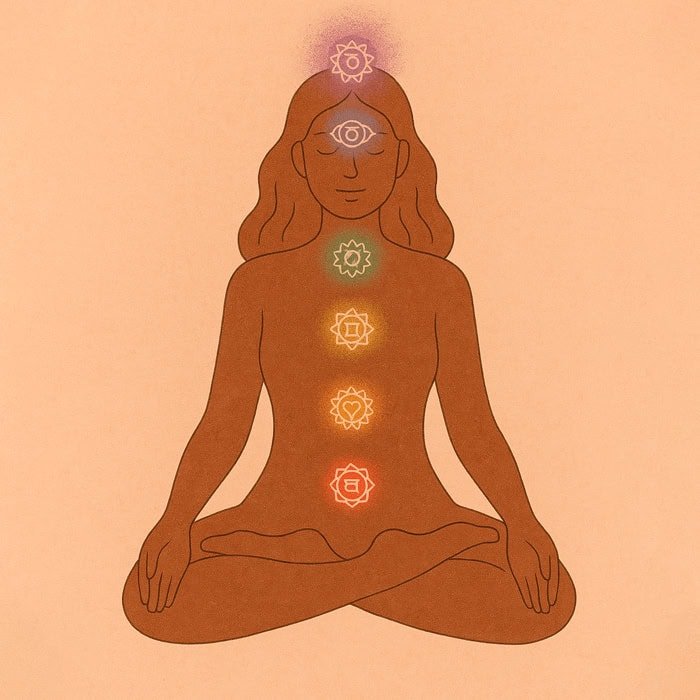 Ilustración de una persona sentada con las piernas cruzadas en meditación, con símbolos de chakras de colores alineados desde la base de la columna hasta la parte superior de la cabeza, representando la sanación femenina a través del equilibrio de los siete chakras del cuerpo.