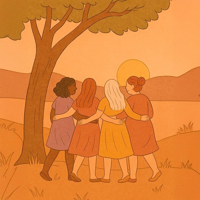 Cuatro mujeres, cogidas del brazo bajo un árbol, contemplan una puesta de sol sobre las montañas y un lago. Llevan vestidos de colores cálidos, representando la conexión femenina en un estilo suave e ilustrado con una paleta de colores otoñales.